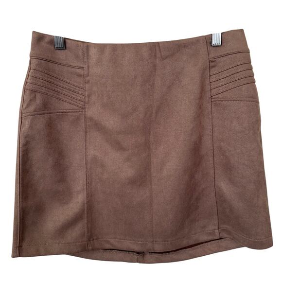Y2K REWASH Faux Suede Tan Elastic Mini Skirt Festival Moto Night-Out Party-L - Picture 1 of 4